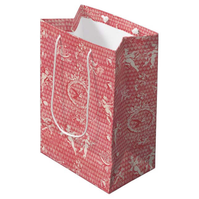 Red Pink Antique Cupid Angels and Hearts Medium Gift Bag (Front Angled)
