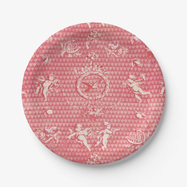 Red Pink Antique Cupid Angels and Hearts Paper Plates (Front)