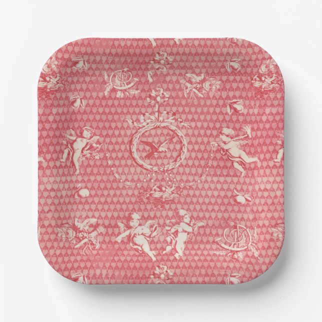 Red Pink Antique Cupid Angels and Hearts Paper Plates (Front)