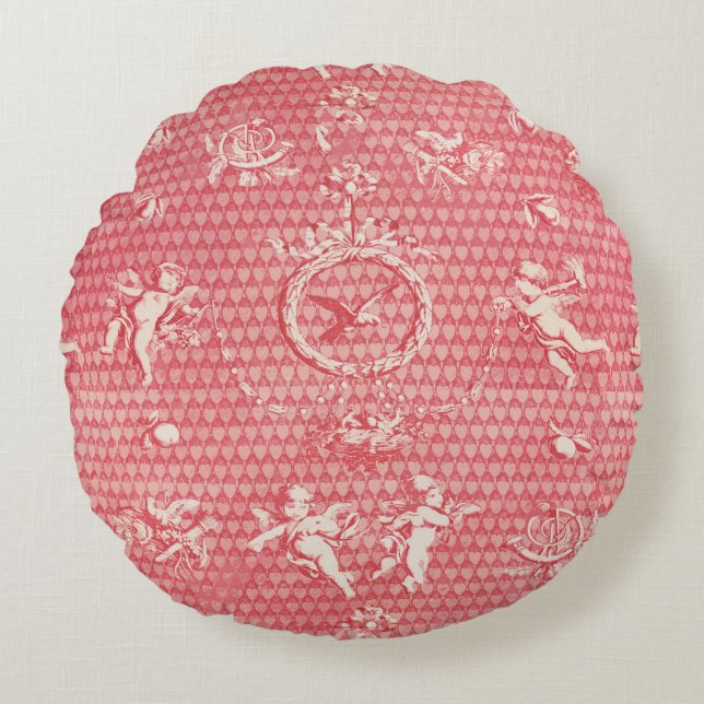 Red Pink Antique Cupid Angels and Hearts Round Pillow (Front)