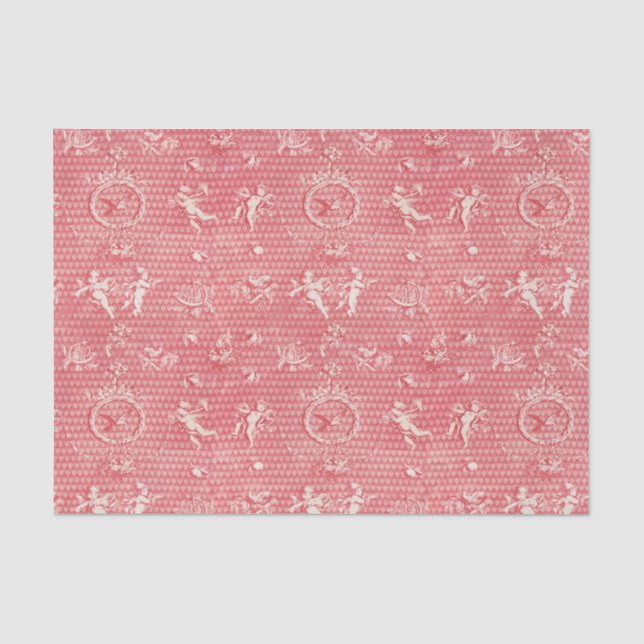 Red Pink Antique Cupid Angels and Hearts Tissue Paper (Front)