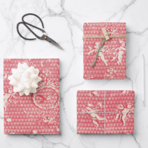 Red Pink Antique Cupid Angels and Hearts Wrapping Paper Sheets