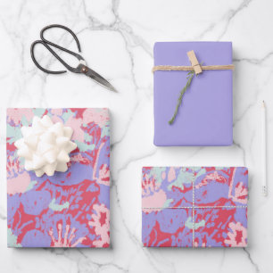 Red Pink Aqua Painted Flowers Solid Violet Design Wrapping Paper Sheets