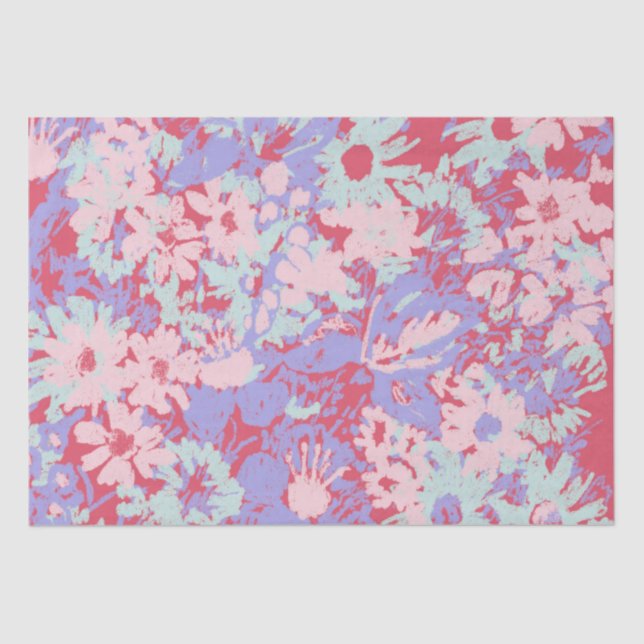 Red Pink Aqua Violet Painted Garden Flowers Design Tissue Paper (Front)