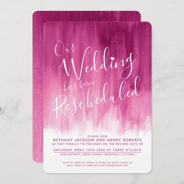 Red pink art rescheduled wedding invitation (Front/Back)
