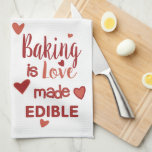 Red &amp; Pink Baking Is Love Made Edible With Hearts  Kitchen Towel at Zazzle