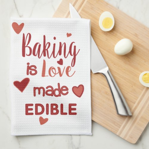 Red  Pink Baking Is Love Made Edible With Hearts  Kitchen Towel