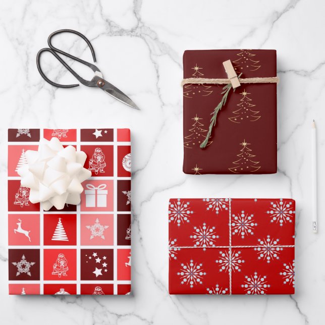 Red, Pink & Berry Fun Christmas Gift Wrapping Paper Sheets (Front)
