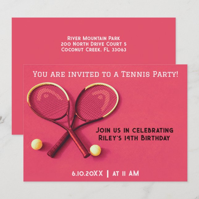 Red Pink Birthday Party Rackets and Balls Tennis Invitation (Front/Back)