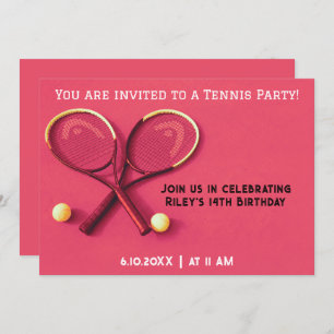 Red Pink Birthday Party Rackets and Balls Tennis Invitation