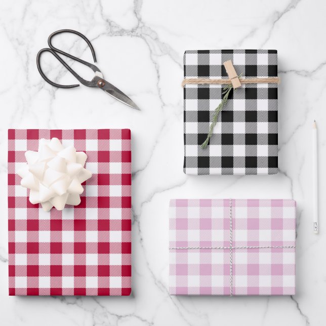 Red Pink Black Buffalo Plaid Seamless Checkered Wrapping Paper Sheets (Front)