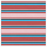 [ Thumbnail: Red, Pink, Black & Deep Sky Blue Stripes Fabric ]