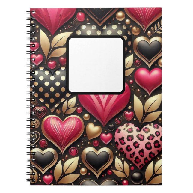 RED PINK BLACK GOLD VALENTINE LOVE HEARTS NOTEBOOK (Front)