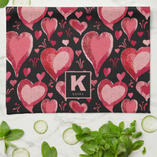 Red Pink Black Hearts Pattern Drawing Monogram Kitchen Towel