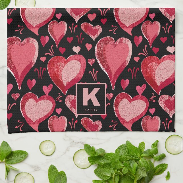 Red Pink Black Hearts Pattern Drawing Monogram Kitchen Towel (Folded)