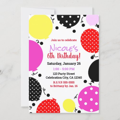 Red Pink Black Polka Dot Balloons Birthday Party Invitation