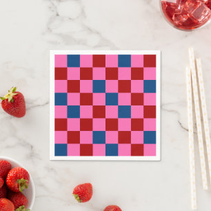 Red Pink Blue Checkered Pattern Design Napkins