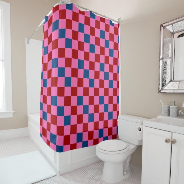 Red Pink Blue Checkered Pattern Design  Shower Curtain (In Situ)