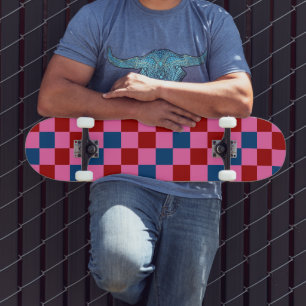 Red Pink Blue Checkered Pattern Design Skateboard