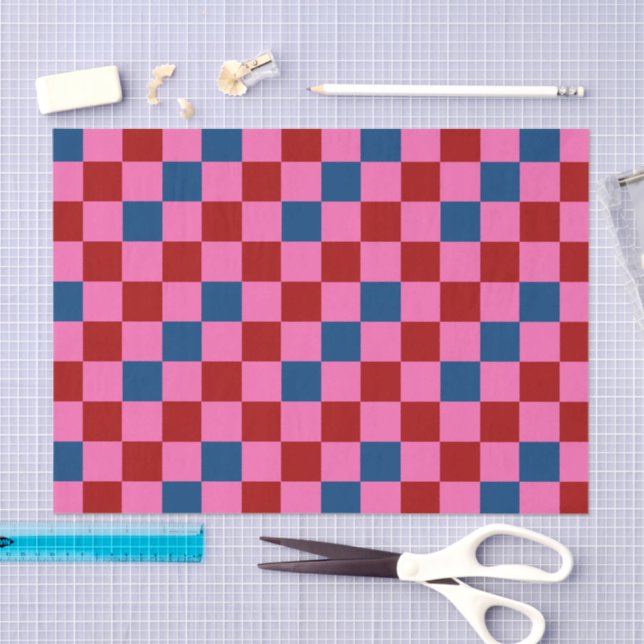 Red Pink Blue Checkered Pattern Design  Tissue Paper (Craft)
