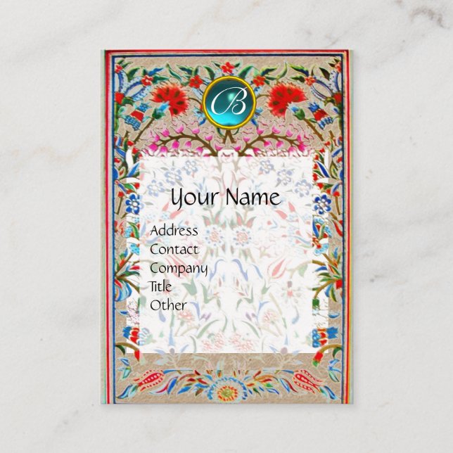 RED PINK BLUE FLORAL DAMASK MONOGRAM Kraft Business Card (Front)