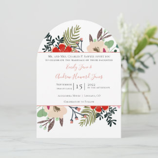 Red Pink Blue Green Floral Ferns Typography Invitation
