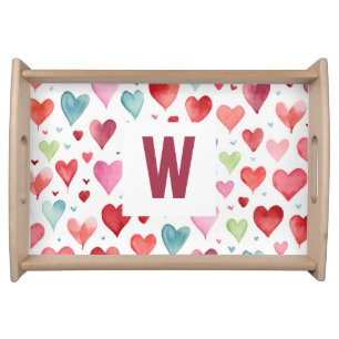 Red Pink Blue Modern Monogram Heart Pattern Serving Tray