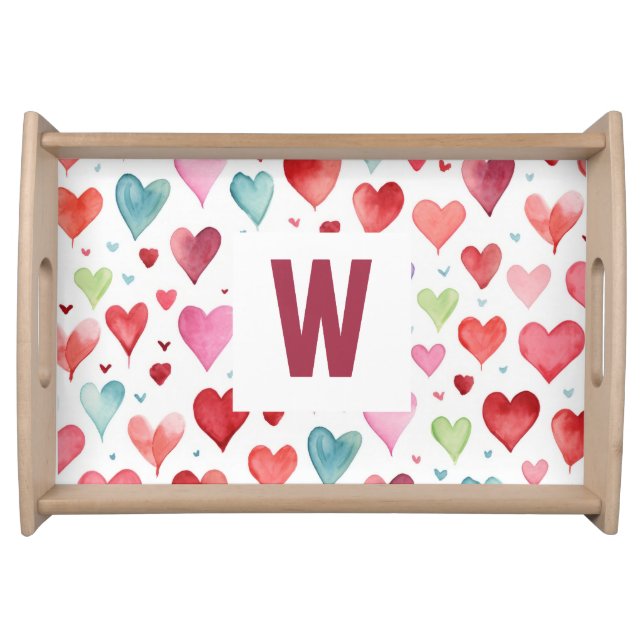 Red Pink Blue Modern Monogram Heart Pattern Serving Tray (Front)