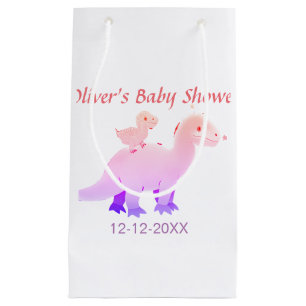 Red pink blue purple dinosaur baby shower add date small gift bag