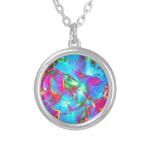 Red pink blue purple floral colorful floral silver plated necklace