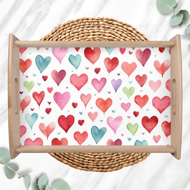 Red Pink Blue Watercolor Modern Heart Pattern Serving Tray (Red Pink Blue Watercolor Modern Heart Pattern Serving Tray)