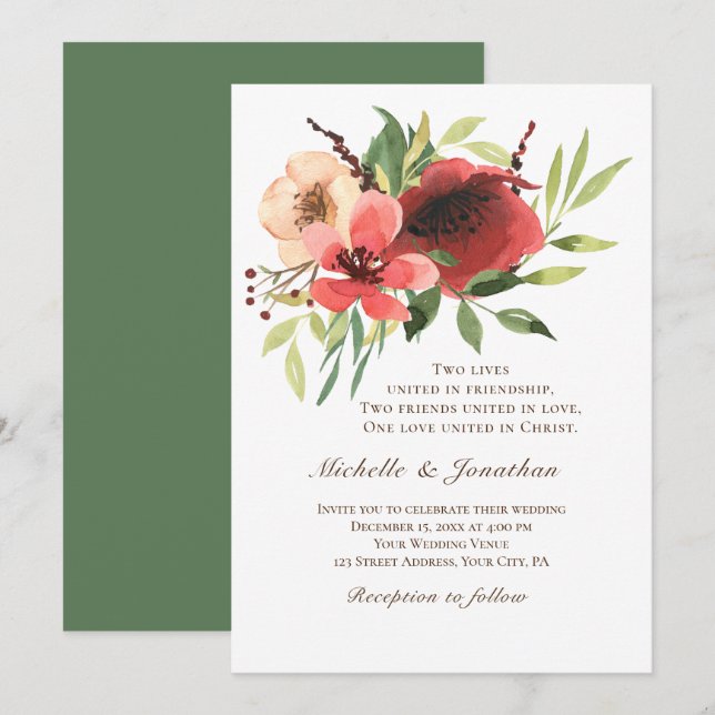 Red Pink Blush Floral Garden Christian Wedding Invitation (Front/Back)