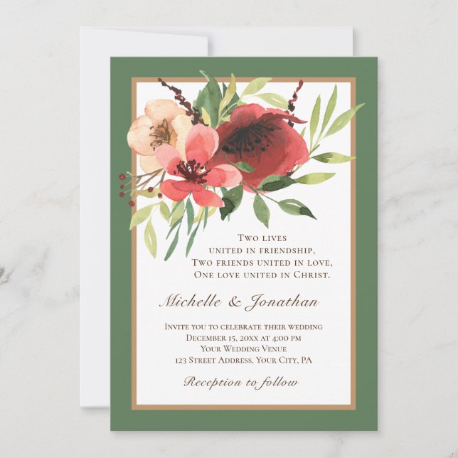 Red Pink Blush Floral Watercolor Christian Wedding Invitation (Front)