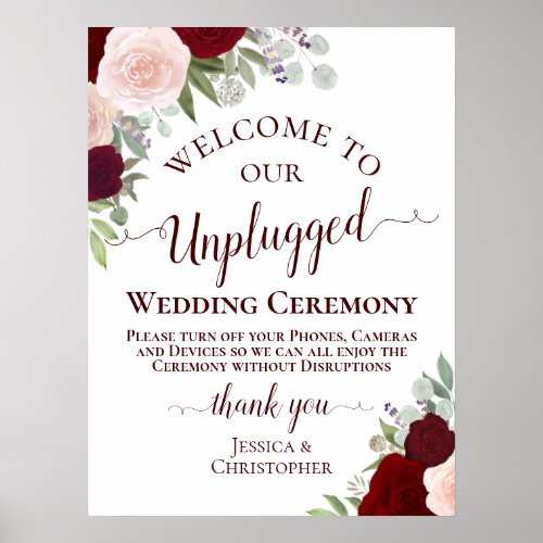 Red  Pink Boho Floral Unplugged Wedding Ceremony Poster