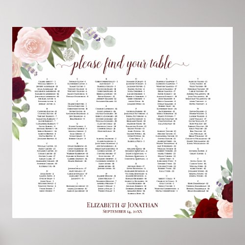 Red  Pink Boho Roses Alphabetical Seating Chart
