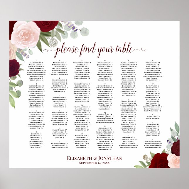 Red & Pink Boho Roses Alphabetical Seating Chart (Front)
