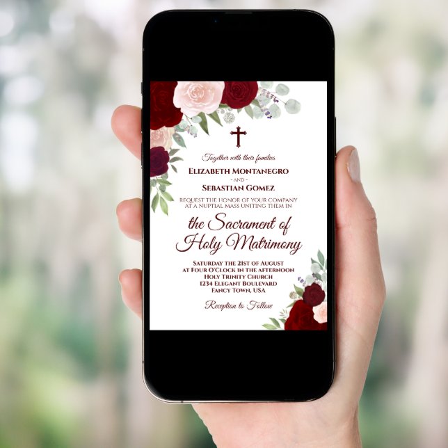 Red & Pink Boho Roses Modern Catholic Wedding Invitation (Front Digital)