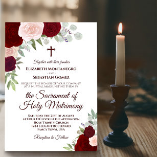 Red & Pink Boho Roses Modern Catholic Wedding Invitation