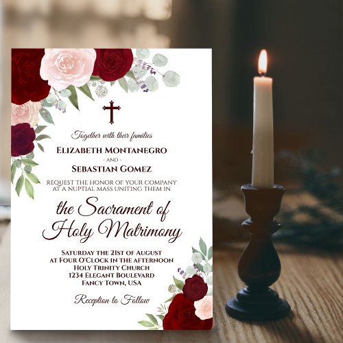 Red  Pink Boho Roses Modern Catholic Wedding Invitation