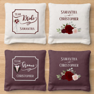 Red & Pink Boho Roses Wedding Team Bride & Groom Cornhole Bags