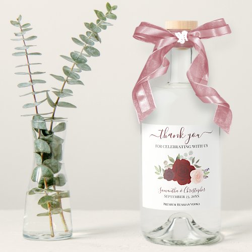Red  Pink Boho Watercolor Roses Wedding Thank You Liquor Bottle Label
