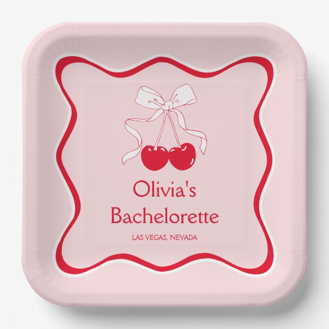 Red Pink Bow Cherrry On Top Bachelorette Paper Plates (Front)