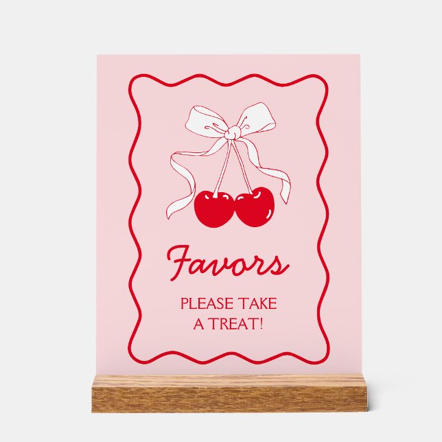 Red Pink Bow Cherry Baby Shower Favor Acrylic Sign (Creator Uploaded)