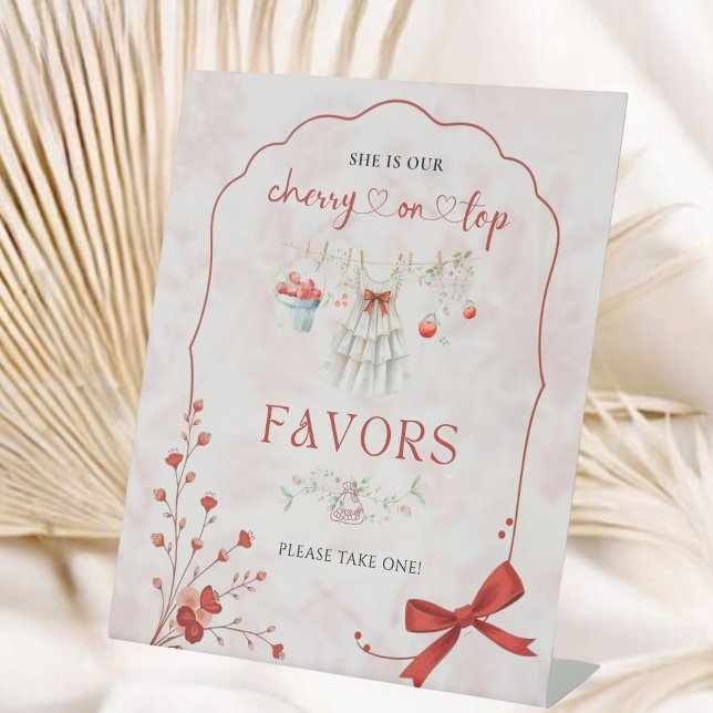 Red Pink Bow Cherry Baby Shower Favor  Pedestal Sign (Creator Uploaded)