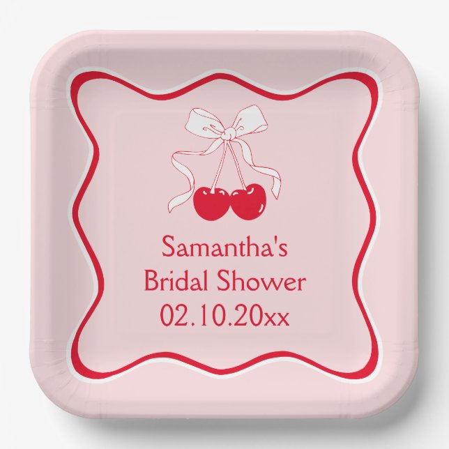 Red Pink Bow Cherry Bridal Shower Paper Plates (Front)