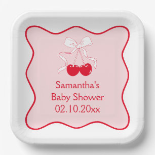 Red Pink Bow Cherry On Top Baby Shower Paper Plates