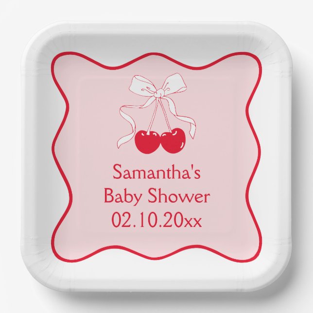 Red Pink  Bow Cherry On Top Baby Shower  Paper Plates (Front)