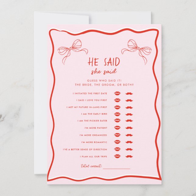 Red Pink Bow He Said She Said Bridal Shower Game Invitation (Front)