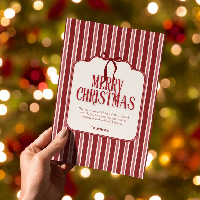 Red Pink Bow Stripes Merry Christmas Holiday Card (Creator Uploaded)