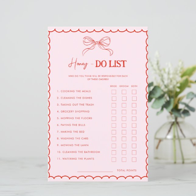 Red Pink Bow Xmas Honey Do List Bridal Shower Game (Standing Front)